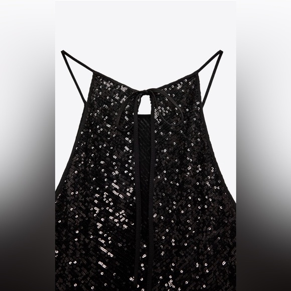 Zara Bloggers Fav Black Sequin Halter Neckline Midi Christmas Holiday Dress Sz L - Picture 6 of 17